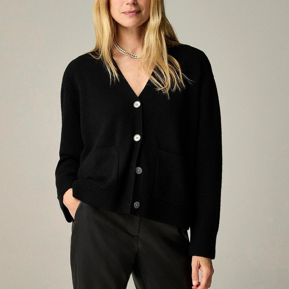 NWT J. Crew Cashmere V-Neck Patch-Pocket Cardigan Relaxed Fit Black Size Small